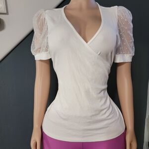 Chic White Wrap Blouse with Sheer Sleeves